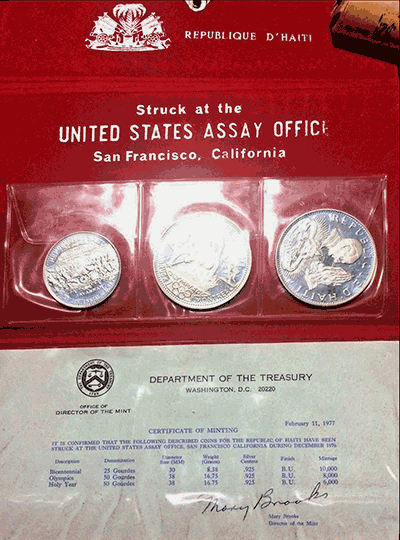 Fig 13. Haiti set of 3 1976 (S) coins in original packet