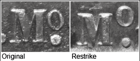 Fig 26. Mexico, comparison of mintmarks of original 1898 peso and 1949 restrike